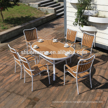 Nice plastic wood outdoor furniture white aluminum yellow wood round table dining set